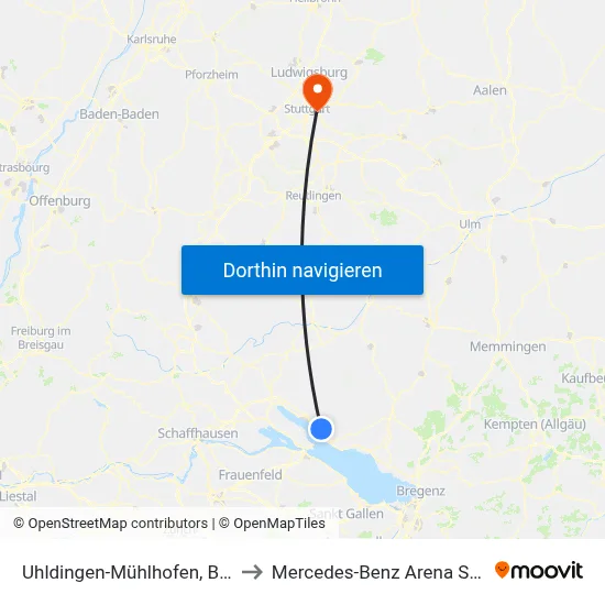 Uhldingen-Mühlhofen, Bahnhof to Mercedes-Benz Arena Stuttgart map