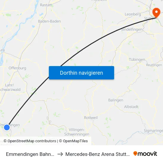 Emmendingen Bahnhof to Mercedes-Benz Arena Stuttgart map