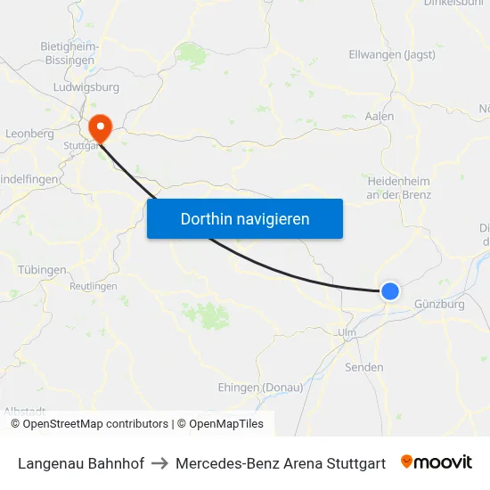 Langenau Bahnhof to Mercedes-Benz Arena Stuttgart map