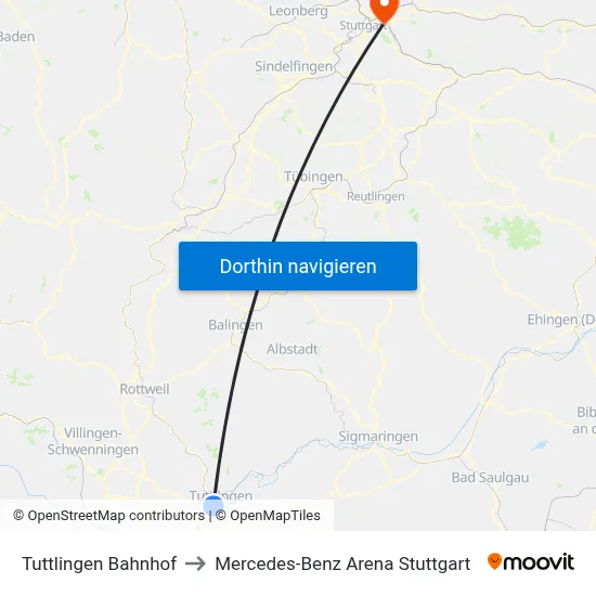 Tuttlingen Bahnhof to Mercedes-Benz Arena Stuttgart map