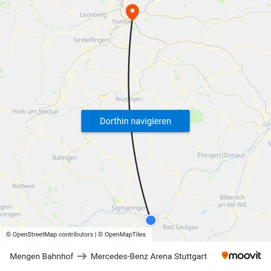 Mengen Bahnhof to Mercedes-Benz Arena Stuttgart map