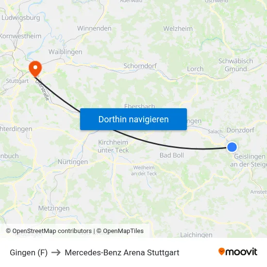 Gingen (F) to Mercedes-Benz Arena Stuttgart map