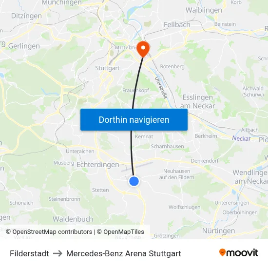 Filderstadt to Mercedes-Benz Arena Stuttgart map