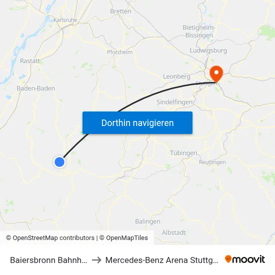 Baiersbronn Bahnhof to Mercedes-Benz Arena Stuttgart map