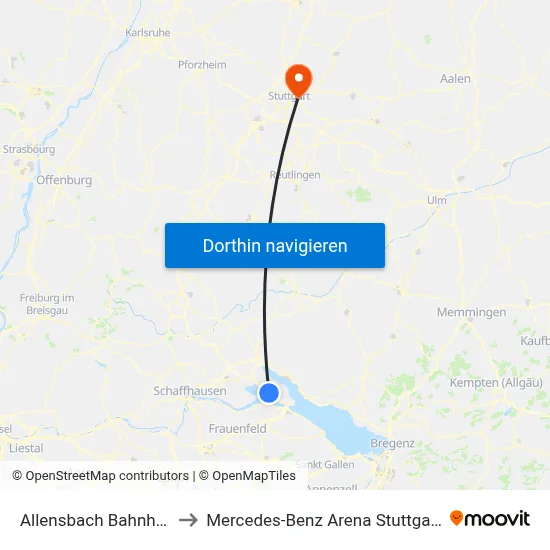Allensbach Bahnhof to Mercedes-Benz Arena Stuttgart map