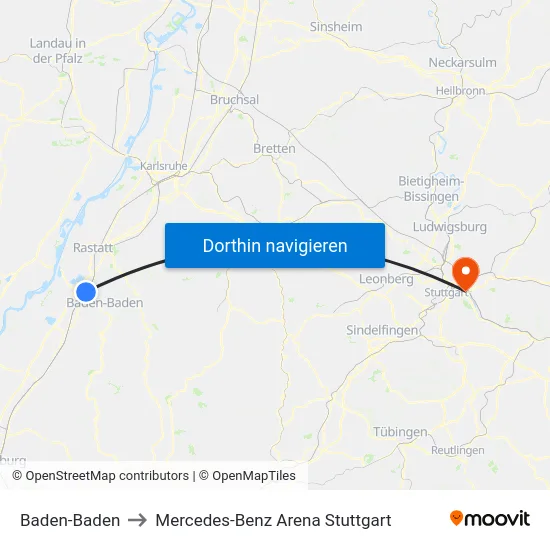 Baden-Baden to Mercedes-Benz Arena Stuttgart map