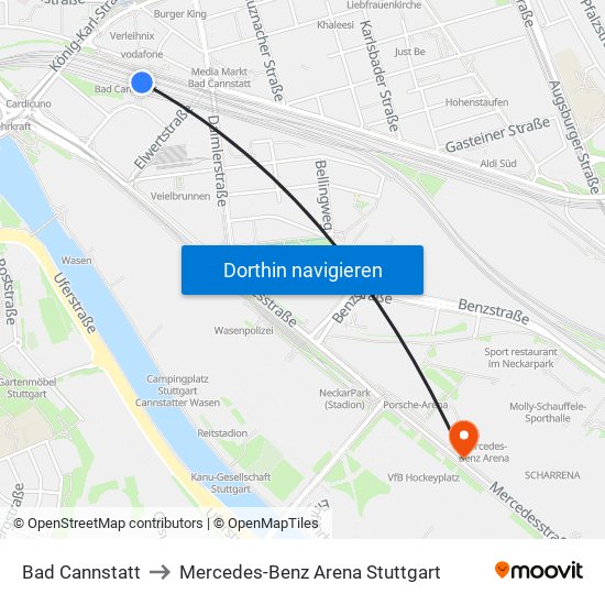 Bad Cannstatt to Mercedes-Benz Arena Stuttgart map