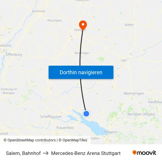 Salem, Bahnhof to Mercedes-Benz Arena Stuttgart map