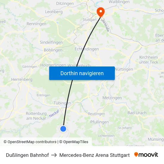 Dußlingen Bahnhof to Mercedes-Benz Arena Stuttgart map