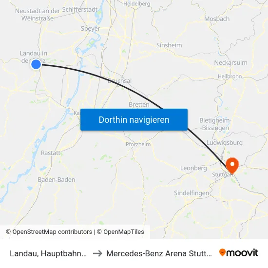 Landau, Hauptbahnhof to Mercedes-Benz Arena Stuttgart map