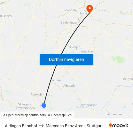 Aldingen Bahnhof to Mercedes-Benz Arena Stuttgart map