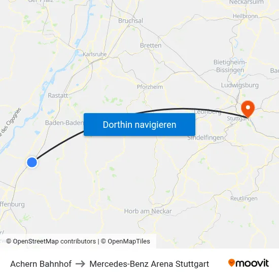Achern Bahnhof to Mercedes-Benz Arena Stuttgart map
