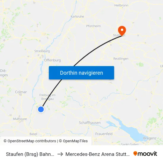 Staufen (Brsg) Bahnhof to Mercedes-Benz Arena Stuttgart map