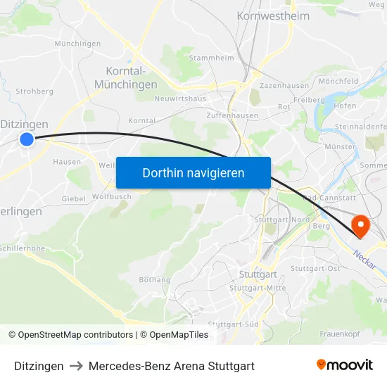 Ditzingen to Mercedes-Benz Arena Stuttgart map