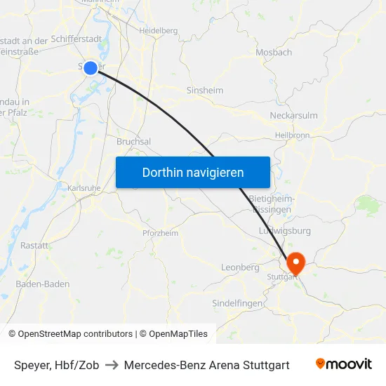 Speyer, Hbf/Zob to Mercedes-Benz Arena Stuttgart map
