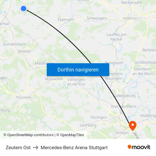 Zeutern Ost to Mercedes-Benz Arena Stuttgart map