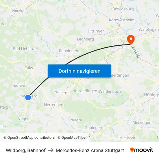 Wildberg, Bahnhof to Mercedes-Benz Arena Stuttgart map