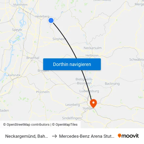 Neckargemünd, Bahnhof to Mercedes-Benz Arena Stuttgart map