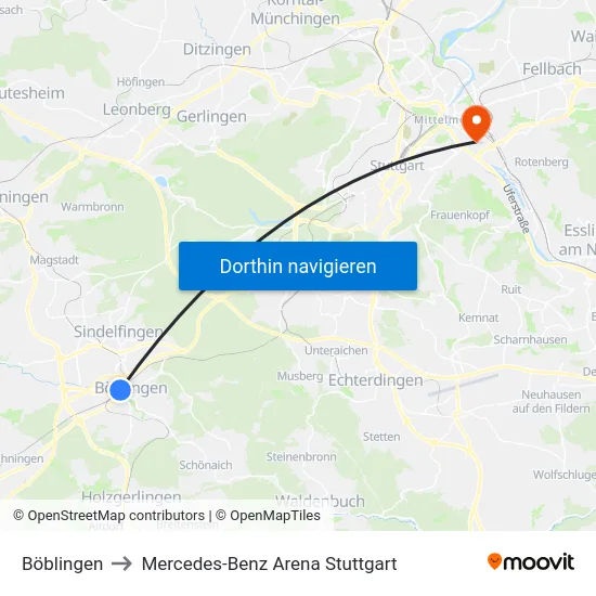 Böblingen to Mercedes-Benz Arena Stuttgart map