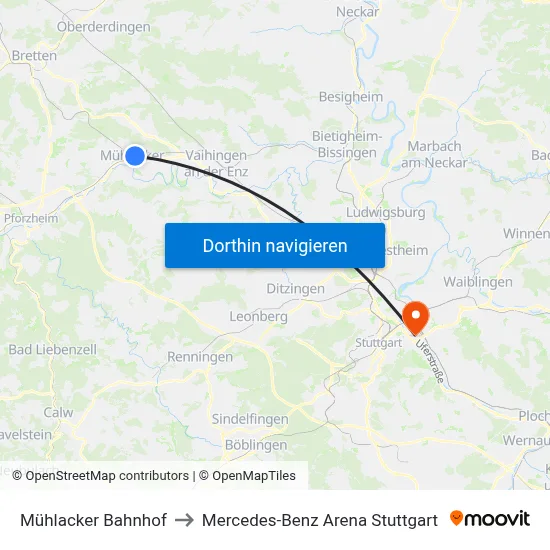 Mühlacker Bahnhof to Mercedes-Benz Arena Stuttgart map