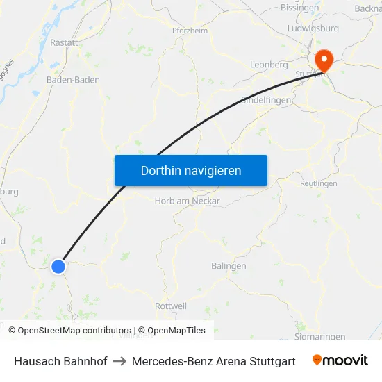 Hausach Bahnhof to Mercedes-Benz Arena Stuttgart map