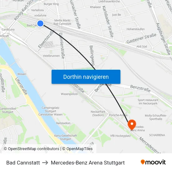 Bad Cannstatt to Mercedes-Benz Arena Stuttgart map