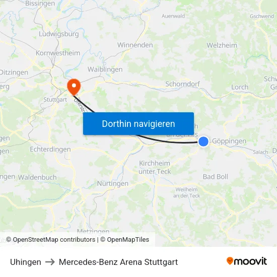 Uhingen to Mercedes-Benz Arena Stuttgart map