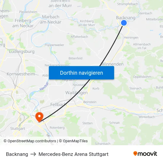 Backnang to Mercedes-Benz Arena Stuttgart map