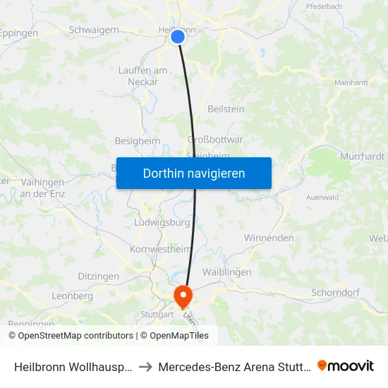 Heilbronn Wollhausplatz to Mercedes-Benz Arena Stuttgart map