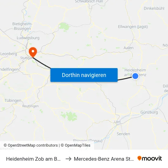 Heidenheim Zob am Bahnhof to Mercedes-Benz Arena Stuttgart map