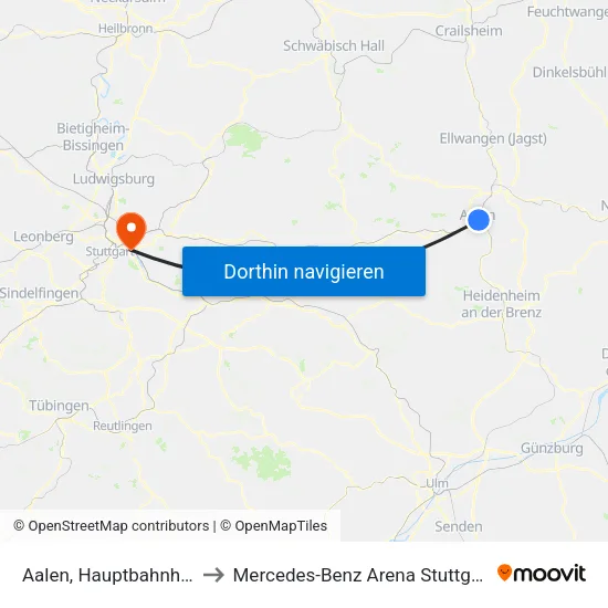 Aalen, Hauptbahnhof to Mercedes-Benz Arena Stuttgart map