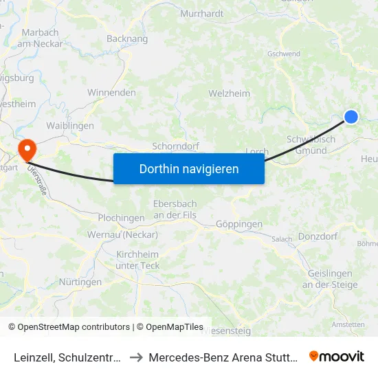 Leinzell, Schulzentrum to Mercedes-Benz Arena Stuttgart map