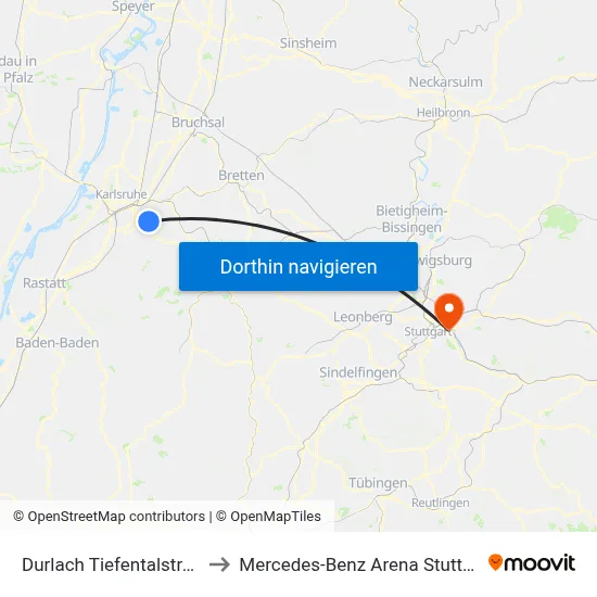 Durlach Tiefentalstraße to Mercedes-Benz Arena Stuttgart map