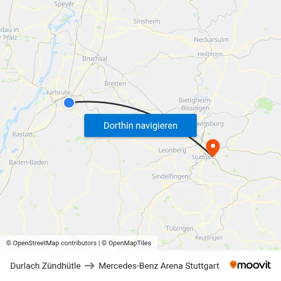 Durlach Zündhütle to Mercedes-Benz Arena Stuttgart map