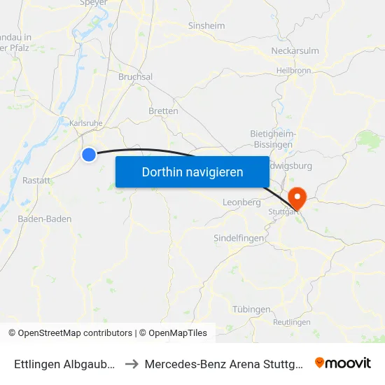 Ettlingen Albgaubad to Mercedes-Benz Arena Stuttgart map
