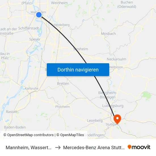 Mannheim, Wasserturm to Mercedes-Benz Arena Stuttgart map