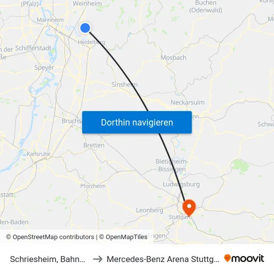 Schriesheim, Bahnhof to Mercedes-Benz Arena Stuttgart map