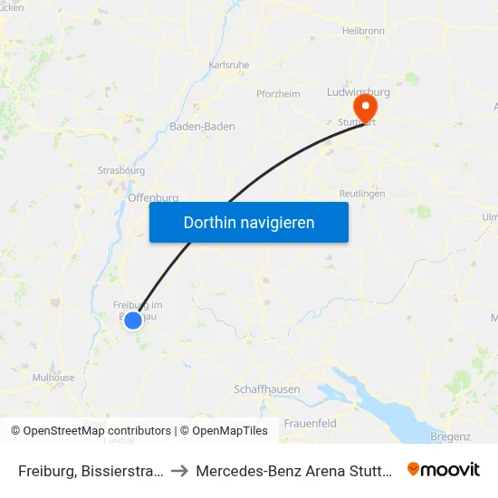 Freiburg, Bissierstraße to Mercedes-Benz Arena Stuttgart map