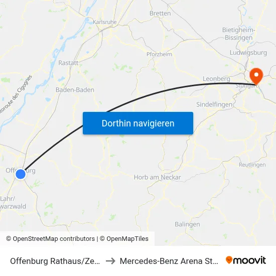 Offenburg Rathaus/Zentrum to Mercedes-Benz Arena Stuttgart map