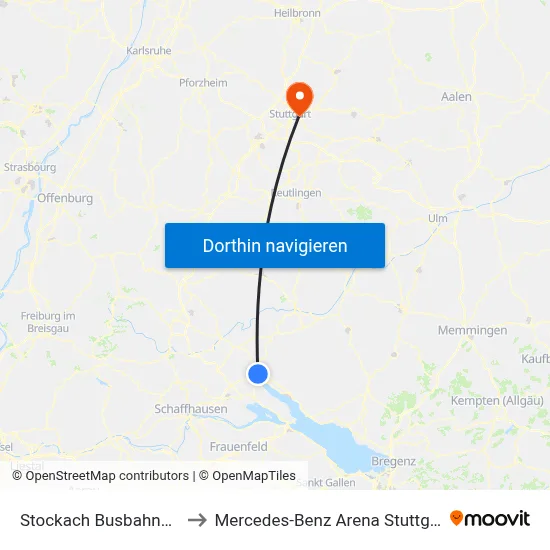 Stockach Busbahnhof to Mercedes-Benz Arena Stuttgart map