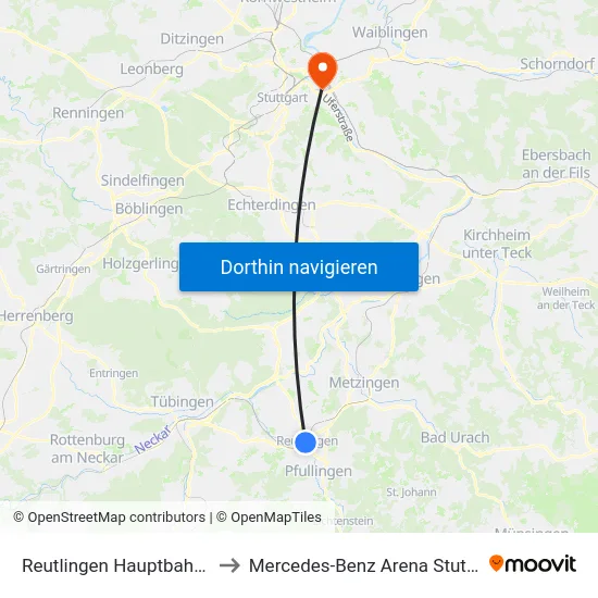 Reutlingen Hauptbahnhof to Mercedes-Benz Arena Stuttgart map