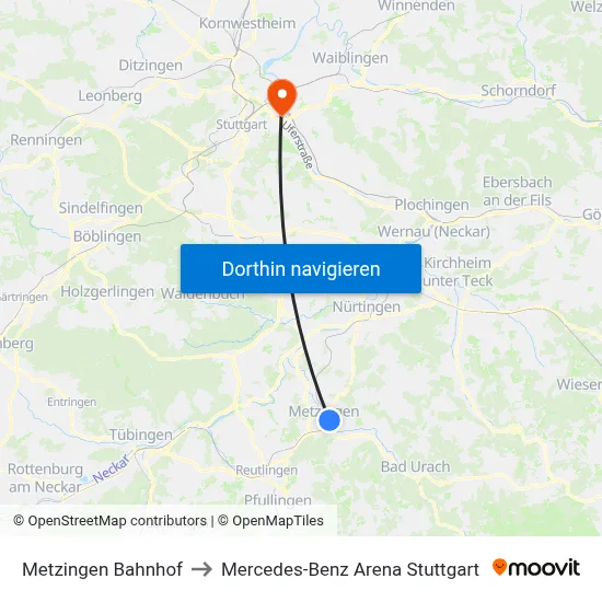Metzingen Bahnhof to Mercedes-Benz Arena Stuttgart map