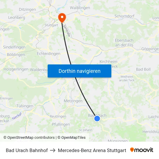 Bad Urach Bahnhof to Mercedes-Benz Arena Stuttgart map