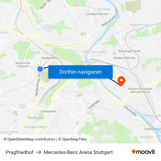 Pragfriedhof to Mercedes-Benz Arena Stuttgart map