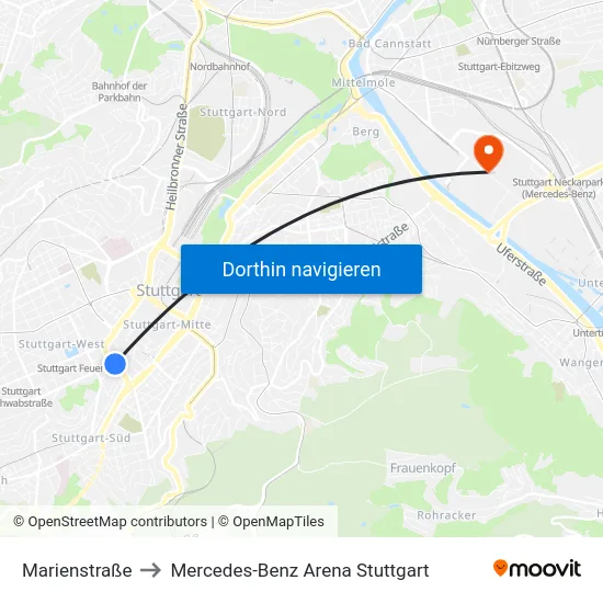 Marienstraße to Mercedes-Benz Arena Stuttgart map