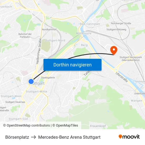 Börsenplatz to Mercedes-Benz Arena Stuttgart map