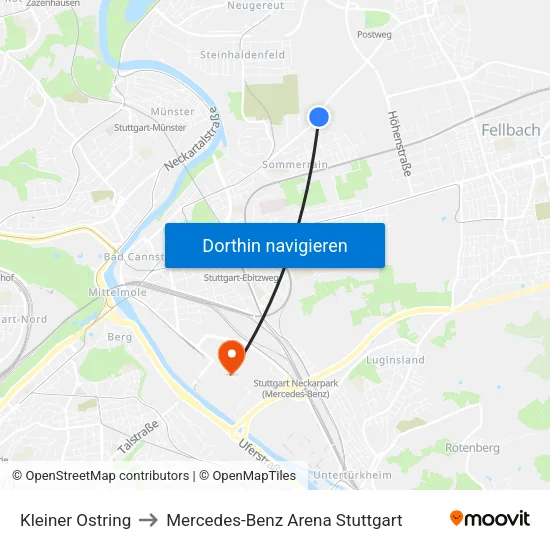 Kleiner Ostring to Mercedes-Benz Arena Stuttgart map