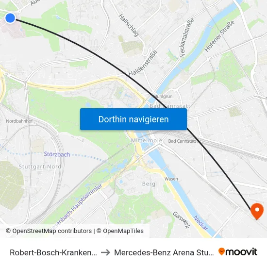 Robert-Bosch-Krankenhaus to Mercedes-Benz Arena Stuttgart map