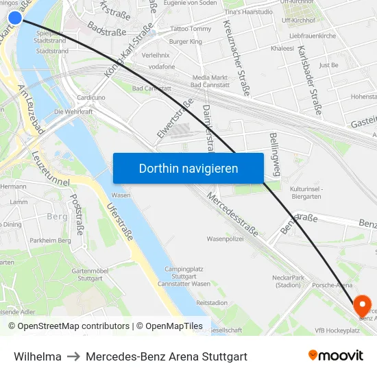 Wilhelma to Mercedes-Benz Arena Stuttgart map