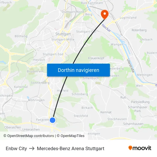Enbw City to Mercedes-Benz Arena Stuttgart map